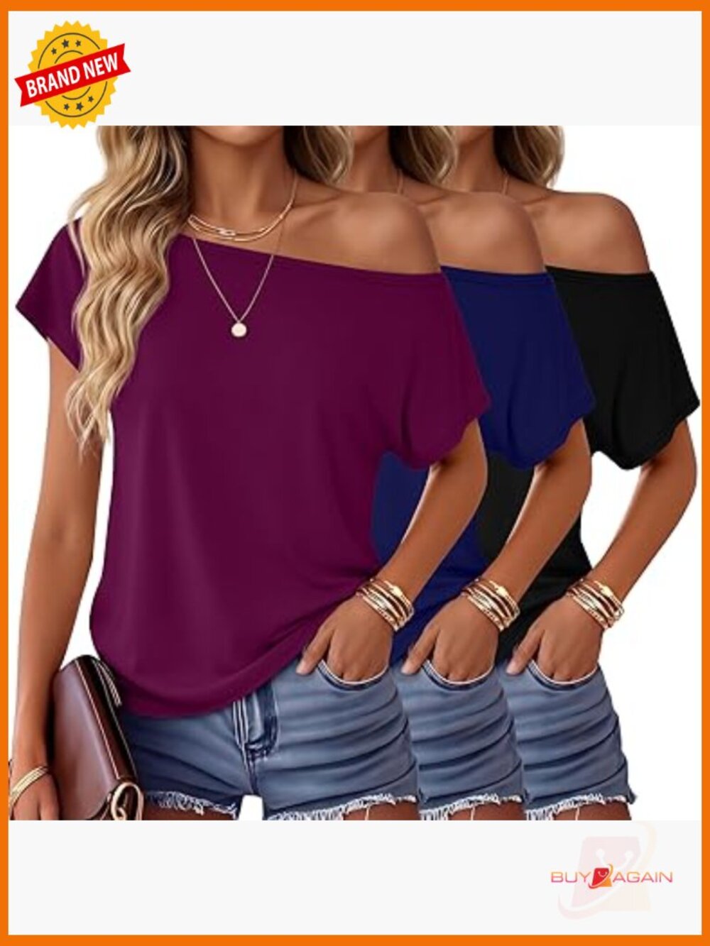 3 Pack Boat Neck Off Shoulder Tops Women Short Sleeve Loose Oversized Tunic Tees